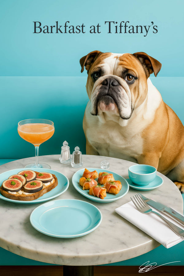 English bulldog on turquoise booth beside marble table with fig-topped toast prosciutto-wrapped pastry bites coupe cocktail coffee cup and crystal shakers