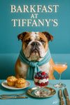 English bulldog wearing turquoise scarf seated on Tiffany blue banquette beside table with herb muffins parfait and peach cocktail