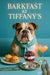 English bulldog wearing turquoise scarf seated on Tiffany blue banquette beside table with herb muffins parfait and peach cocktail