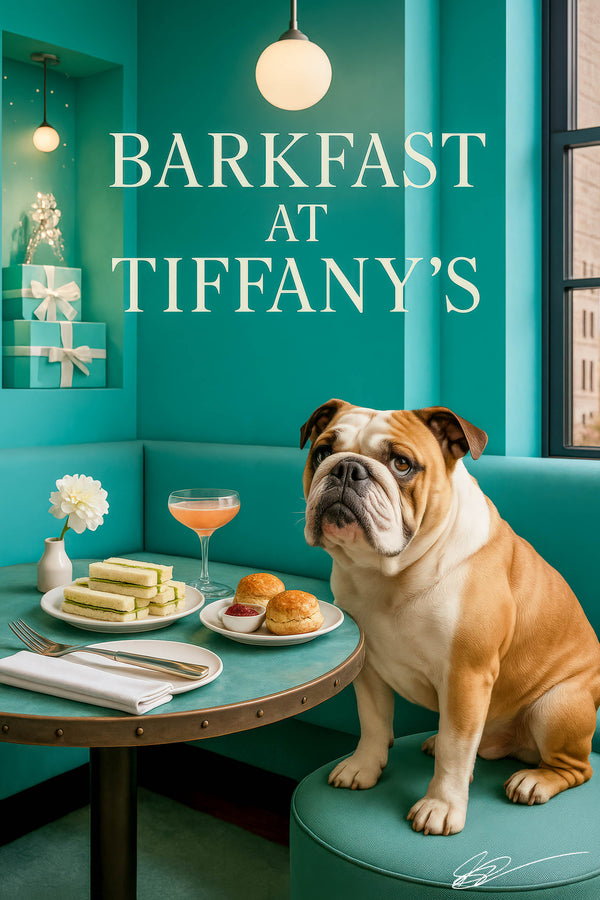 English bulldog sitting on turquoise stool beside round table with cucumber tea sandwiches scones with jam peach cocktail and white flower in vase
