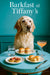 English setter wearing turquoise scarf seated at turquoise round table with ham sliders fig tarts scones sparkling water and peach cocktail