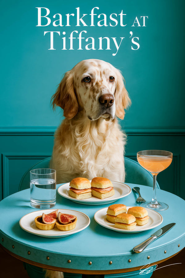 English setter wearing turquoise scarf seated at turquoise round table with ham sliders fig tarts scones sparkling water and peach cocktail