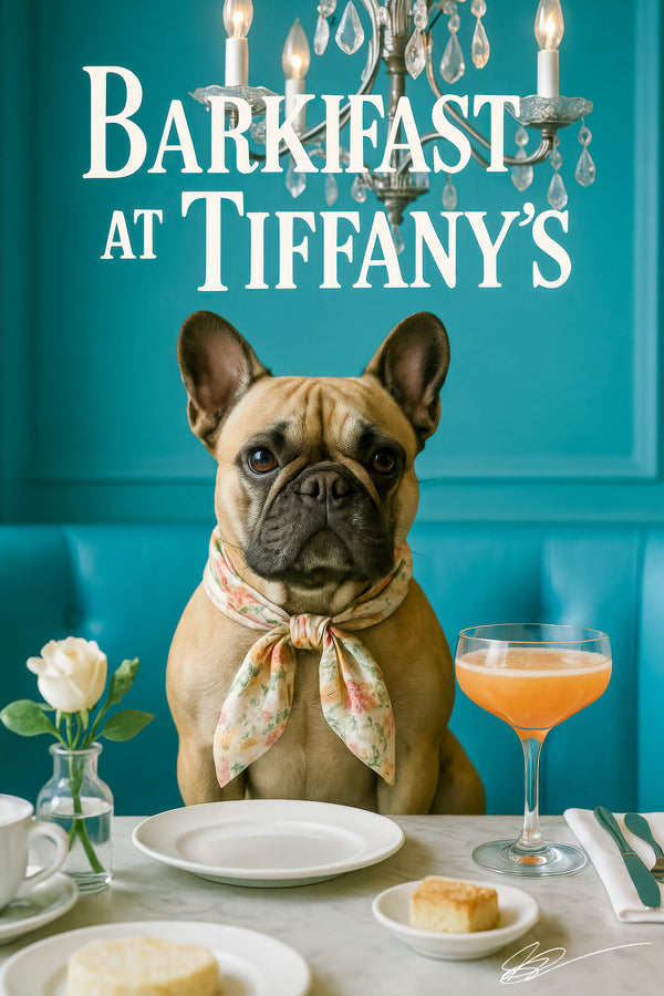 French bulldog wearing floral scarf at teal brunch table with cocktail flower and chandelier metal print