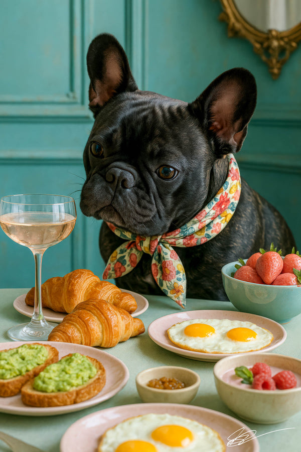 Brindle French bulldog wearing floral scarf at pastel green breakfast table with eggs croissants avocado toast berries metal print