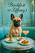 Fawn French bulldog at round teal café table with stacked cucumber slices fig tarts and cocktail metal print