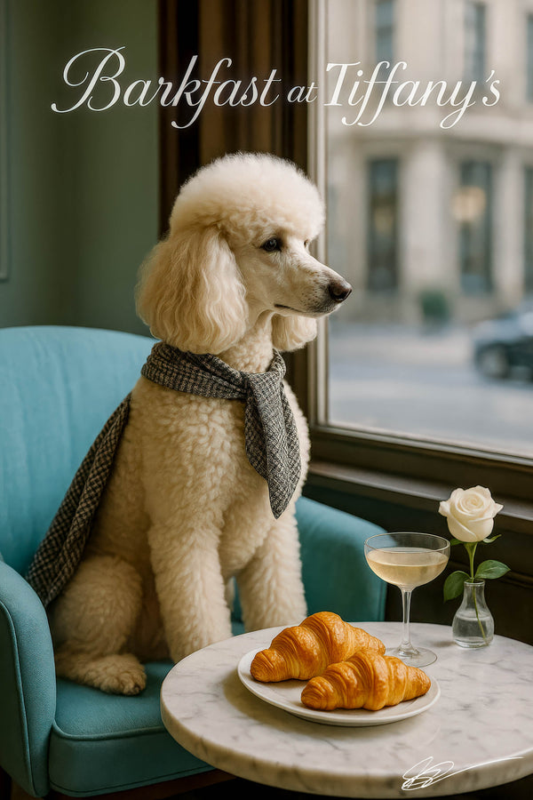 Cream poodle wearing a gray scarf seated by a city window at a marble table with croissants cocktail and a white rose metal print
