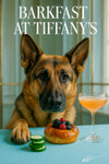 German shepherd with paw on teal table beside cucumber slices brioche topped with berries and a cocktail metal print