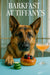 German shepherd with paw on teal table beside cucumber slices brioche topped with berries and a cocktail metal print