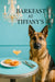 German Shepherd seated at teal table under chandelier and sconce with quiche tarts swirl pastry cocktail and silverware metal print