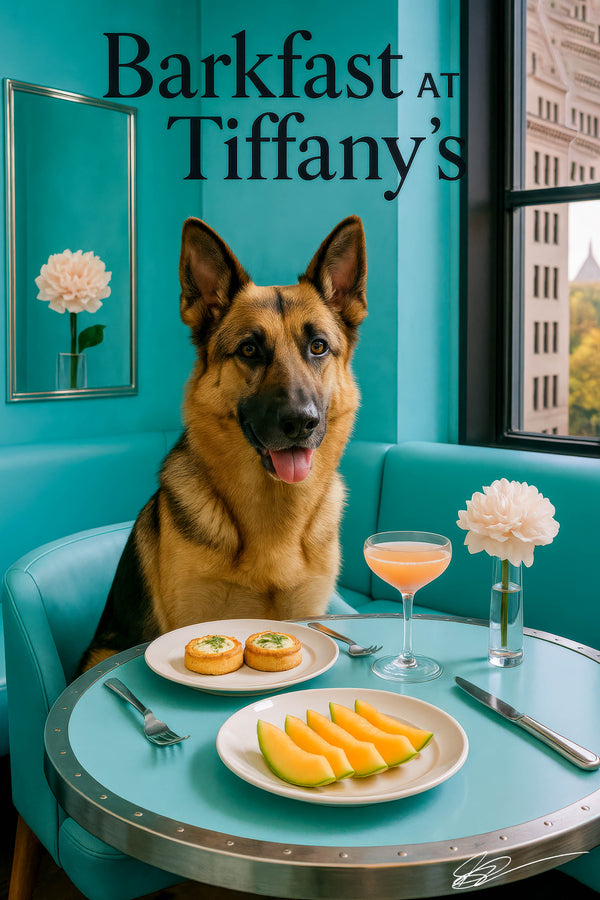German Shepherd seated in a teal armchair beside a round café table with melon slices quiche tarts cocktail and a blush peony metal print