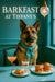 German Shepherd wearing teal scarf seated at a teal banquette table with smoked salmon sliders strawberry parfait pretzel buns and cocktail metal print