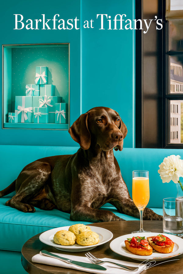 German Shorthaired Pointer on teal banquette beside round café table with scones bruschetta cocktail water glass and vase metal print