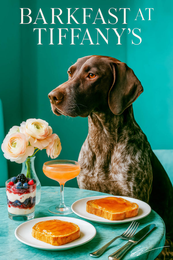 German Shorthaired Pointer beside teal marble table with jam-glazed brioche, berry parfait, cocktail, and vase with pastel flowers metal print