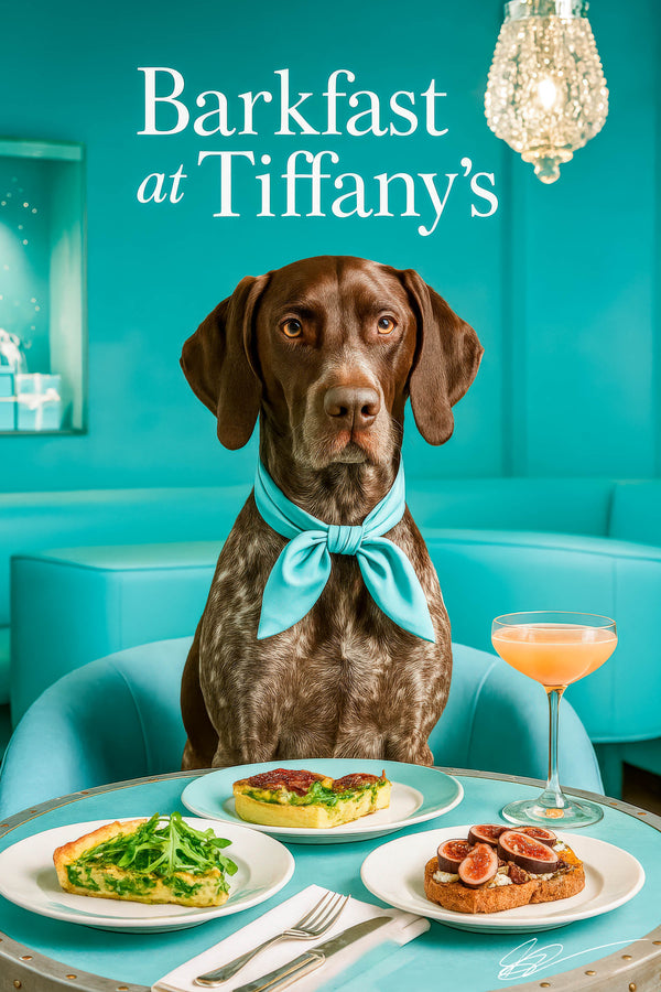 German Shorthaired Pointer wearing a teal scarf seated in a Tiffany-blue armchair beside a table with quiche slice, broccoli tartlet, fig toast, and a coral cocktail metal print