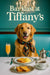 Golden retriever wearing patterned scarf with pearl brooch seated at a white-tablecloth table with scrambled eggs toast silver teapot coffee and cocktail metal print