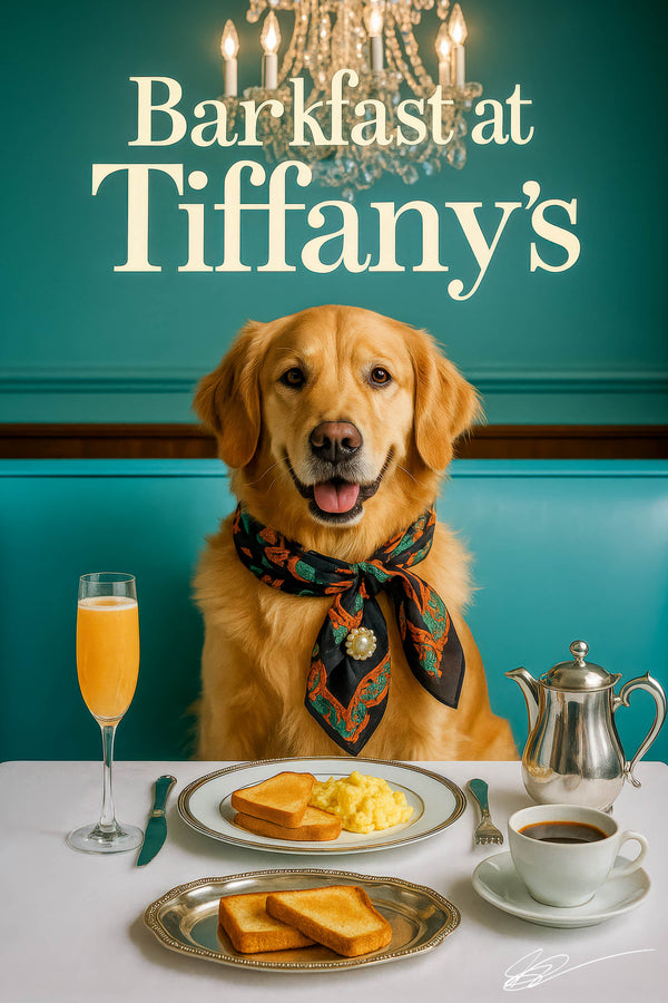 Golden retriever wearing patterned scarf with pearl brooch seated at a white-tablecloth table with scrambled eggs toast silver teapot coffee and cocktail metal print