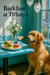 Golden retriever seated by teal café table with egg sliders, berry pastry, cocktail, and vase of flowers metal print