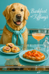 Golden retriever wearing a teal scarf seated at a mirrored café table with fig scones, smoked salmon toast, cocktail, and perfume bottle metal print