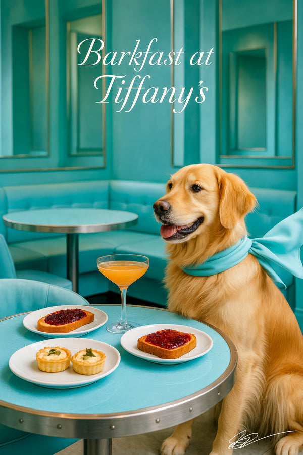Golden retriever wearing teal scarf seated at a teal café table with jam toast, savory tartlets, and a cocktail metal print