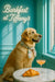 Golden retriever wearing floral scarf sitting at café table with croissant and cocktail by turquoise window