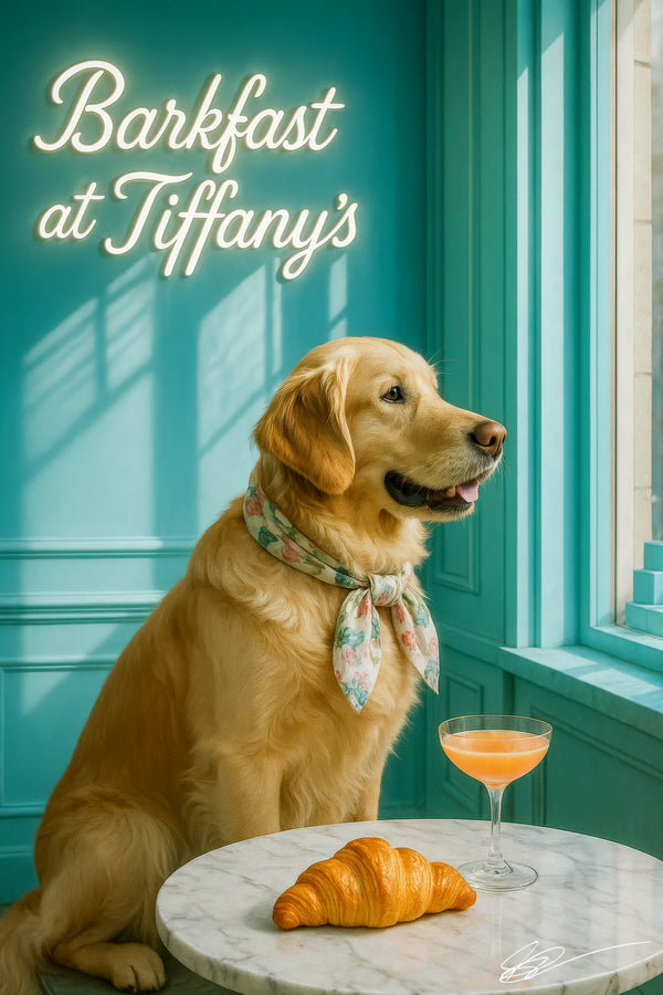 Golden retriever wearing floral scarf sitting at café table with croissant and cocktail by turquoise window