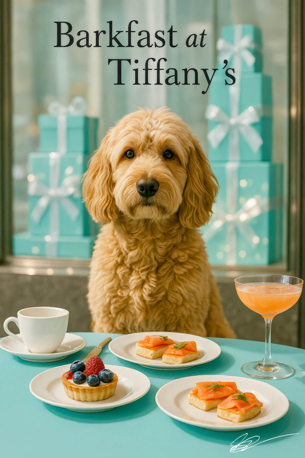 Fluffy goldendoodle at turquoise café table with gift boxes smoked salmon canapés berry tart coffee and cocktail