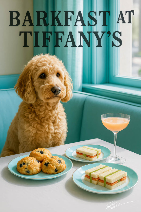 Fluffy goldendoodle in turquoise booth by window with blueberry scones tea sandwiches and cocktail