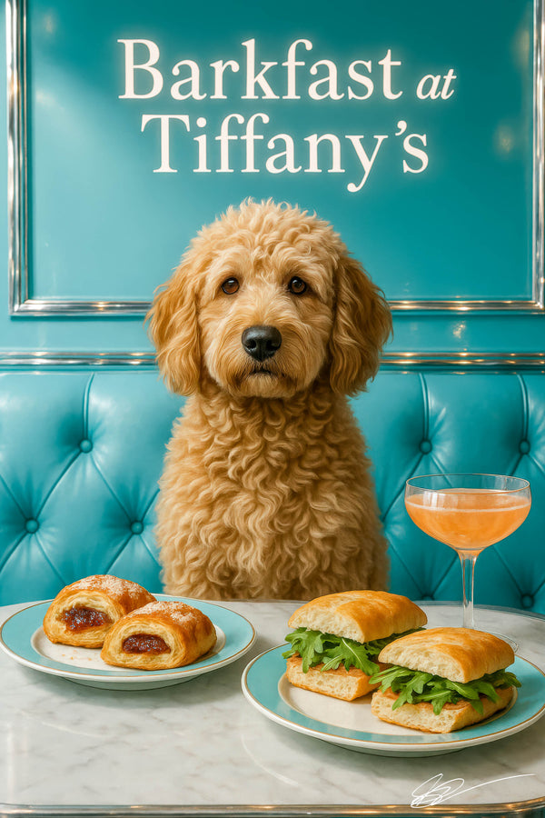 Fluffy goldendoodle in turquoise booth with jam pastries ciabatta sandwiches and cocktail