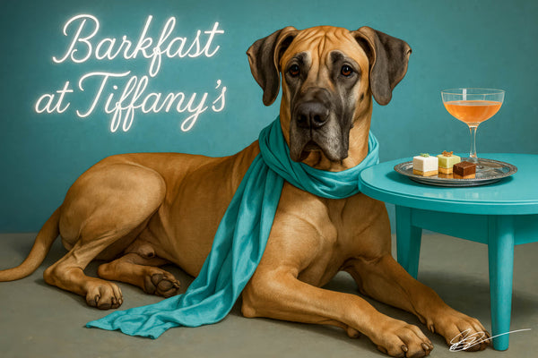 Great Dane wearing turquoise scarf reclining by table with petit fours on silver tray and brunch cocktail