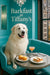 Great Pyrenees dog seated in teal booth with muffins sandwich and cocktail on metal print