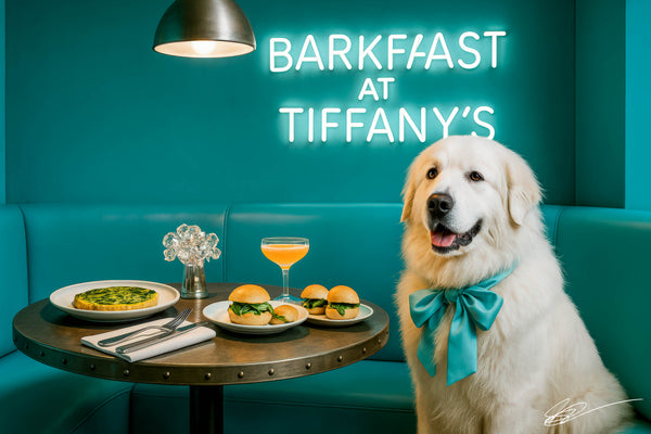 Great Pyrenees dog wearing teal bow enjoying brunch in teal café setting on metal print
