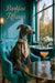 Greyhound wearing a floral scarf seated in a teal armchair at a round table with a pink cocktail silver sugar bowl and cityscape view