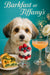 Fluffy cream and amber Havanese staring over a metal table with spinach quiche two slices berry parfait and a peach cocktail