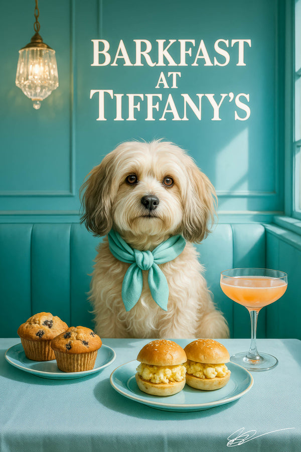 Fluffy Havanese dog wearing teal silk scarf seated at a matching booth with blueberry muffins sesame egg slider buns and a pink cocktail