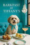 Fluffy Havanese dog wearing turquoise silk scarf at marble table with blueberry muffins mini egg sliders and peach cocktail