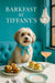 Fluffy Havanese dog wearing turquoise silk scarf at marble table with blueberry muffins mini egg sliders and peach cocktail