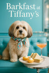 Fluffy Havanese dog wearing a floral scarf seated on a teal banquette next to lemon tarts tea sandwiches and a pink cocktail