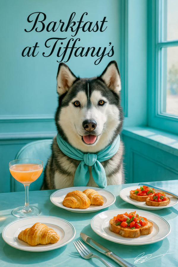 Black and white husky wearing a teal scarf seated at a teal table with croissants bruschetta toasts and a pink cocktail
