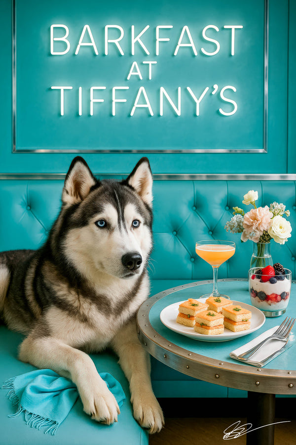 Black and white husky reclining on a teal banquette beside a round table with finger sandwiches berry parfait a pink cocktail and vase of flowers