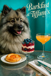 Fluffy Keeshond seated beside a table with layered yogurt raspberry parfait in a goblet, an apricot swirl pastry, and a pink cocktail against a teal banquette