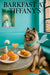 Fluffy Keeshond wearing aqua scarf seated at a teal booth beside plates of mini ham croissants muffins and a pink cocktail