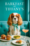 Ruby-and-white King Charles Cavalier seated on a teal banquette beside fig-topped blueberry muffins, spinach quiche, and a blush cocktail on a marble table