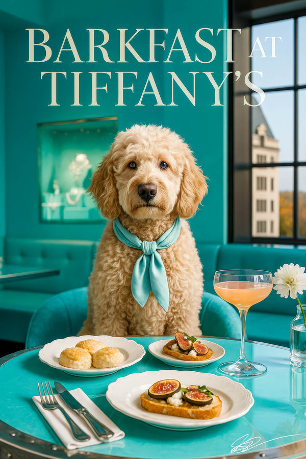 Cream Labradoodle wearing a teal silk scarf seated on a turquoise banquette with scones, fig toasts, and a peach cocktail on a glossy table