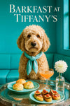 Apricot labradoodle wearing turquoise scarf seated at silver café table with golden scones fig-topped toasts white dahlia and peach cocktail under Barkfast at Tiffanys sign