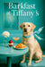 Labrador wearing turquoise scarf seated at round turquoise table with croissant parfait cocktail and white flower under Barkfast at Tiffanys sign