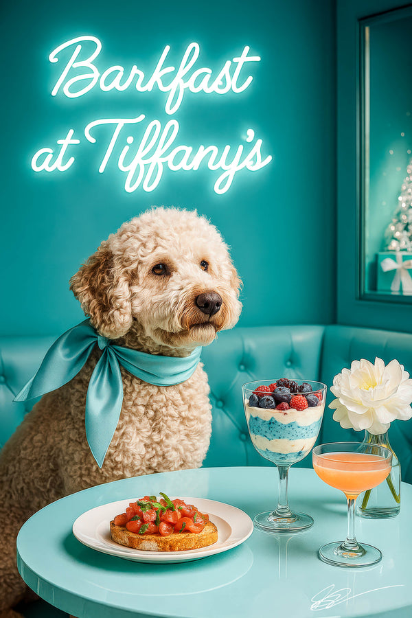 Curly cream Lagotto Romagnol wearing a turquoise scarf seated at a round turquoise table with berry parfait bruschetta cocktail and white dahlia under Barkfast at Tiffanys sign