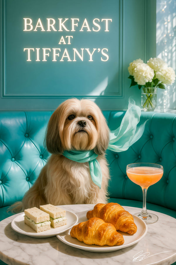 Silky Lhasa Apso wearing a turquoise scarf seated at a round marble café table with two croissants crustless tea sandwiches and a peach cocktail under a Barkfast at Tiffanys sign and white hydrangeas