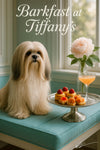 Silky Lhasa Apso on turquoise bench beside silver platter of raspberry-topped brioche bites smoked salmon canapés and a peach cocktail under Barkfast at Tiffanys sign