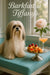 Silky Lhasa Apso on turquoise bench beside silver platter of raspberry-topped brioche bites smoked salmon canapés and a peach cocktail under Barkfast at Tiffanys sign