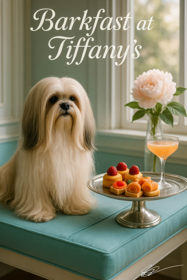 Silky Lhasa Apso on turquoise bench beside silver platter of raspberry-topped brioche bites smoked salmon canapés and a peach cocktail under Barkfast at Tiffanys sign
